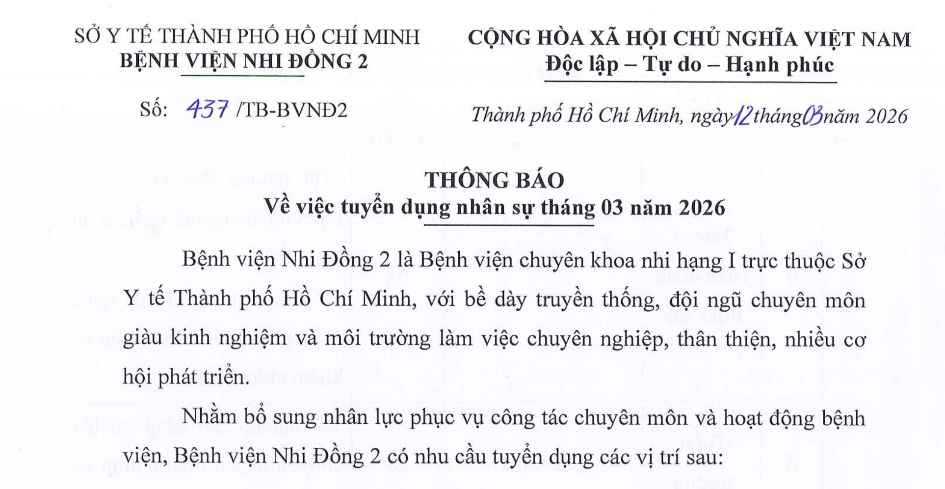 Bệnh viện Nhi Đồng 2 tuyển 30 vị trí bác sĩ, điều dưỡng