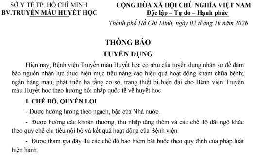 Bệnh viện Truyền máu Huyết học, TP.HCM tuyển dụng nhân sự năm 2026