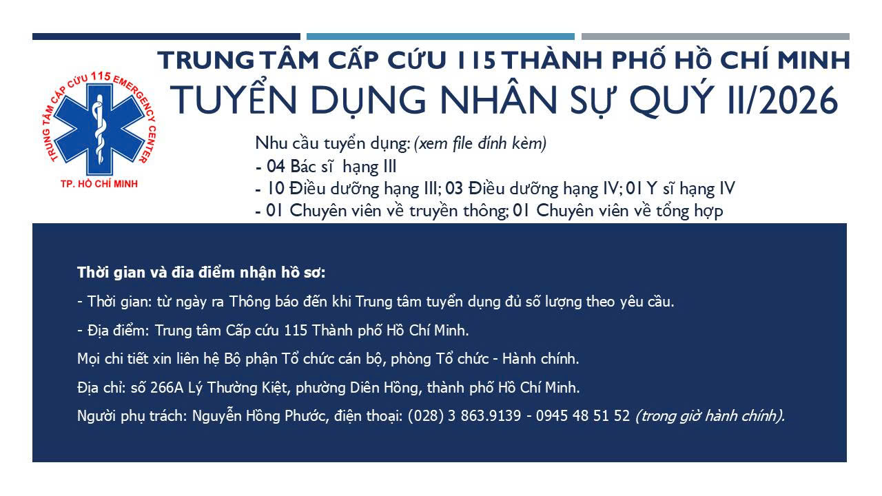Trung tâm Cấp cứu 115 TPHCM tuyển dụng viên chức đợt 1 năm 2026