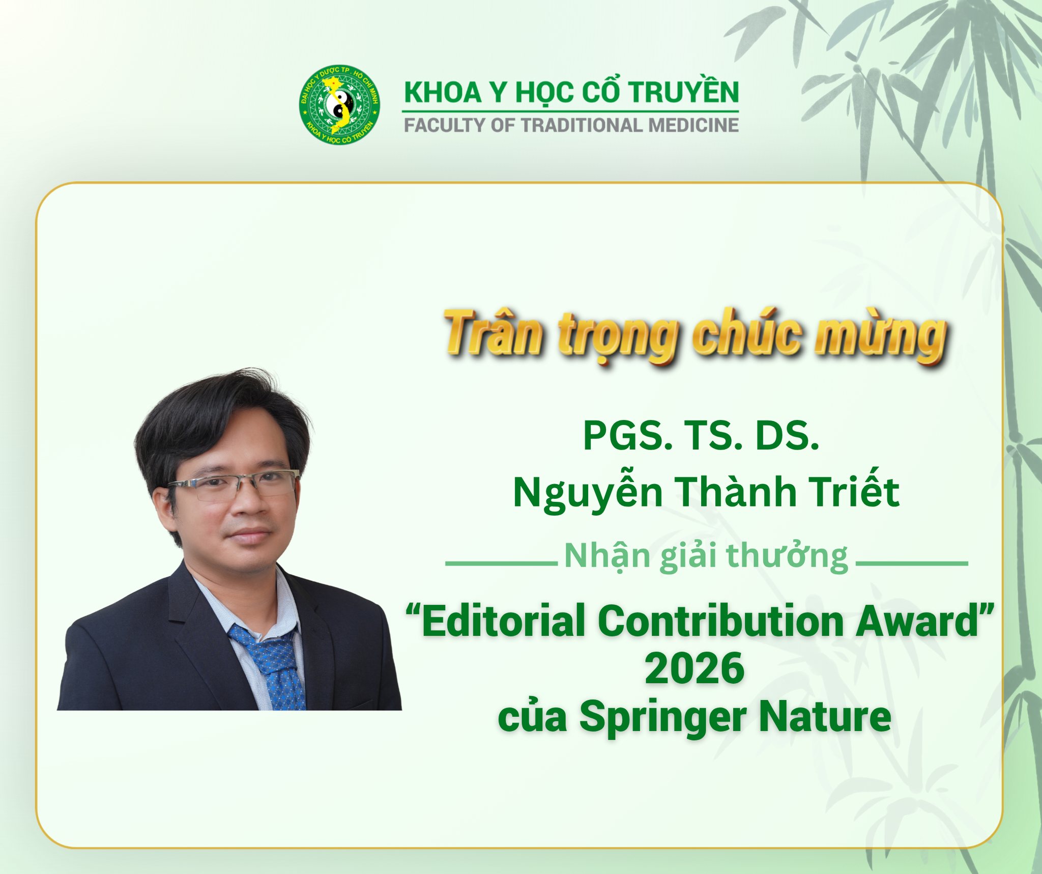 PGS.TS.DS Nguyễn Thành Triết nhận giải thưởng biên tập khoa học uy tín từ Springer Nature