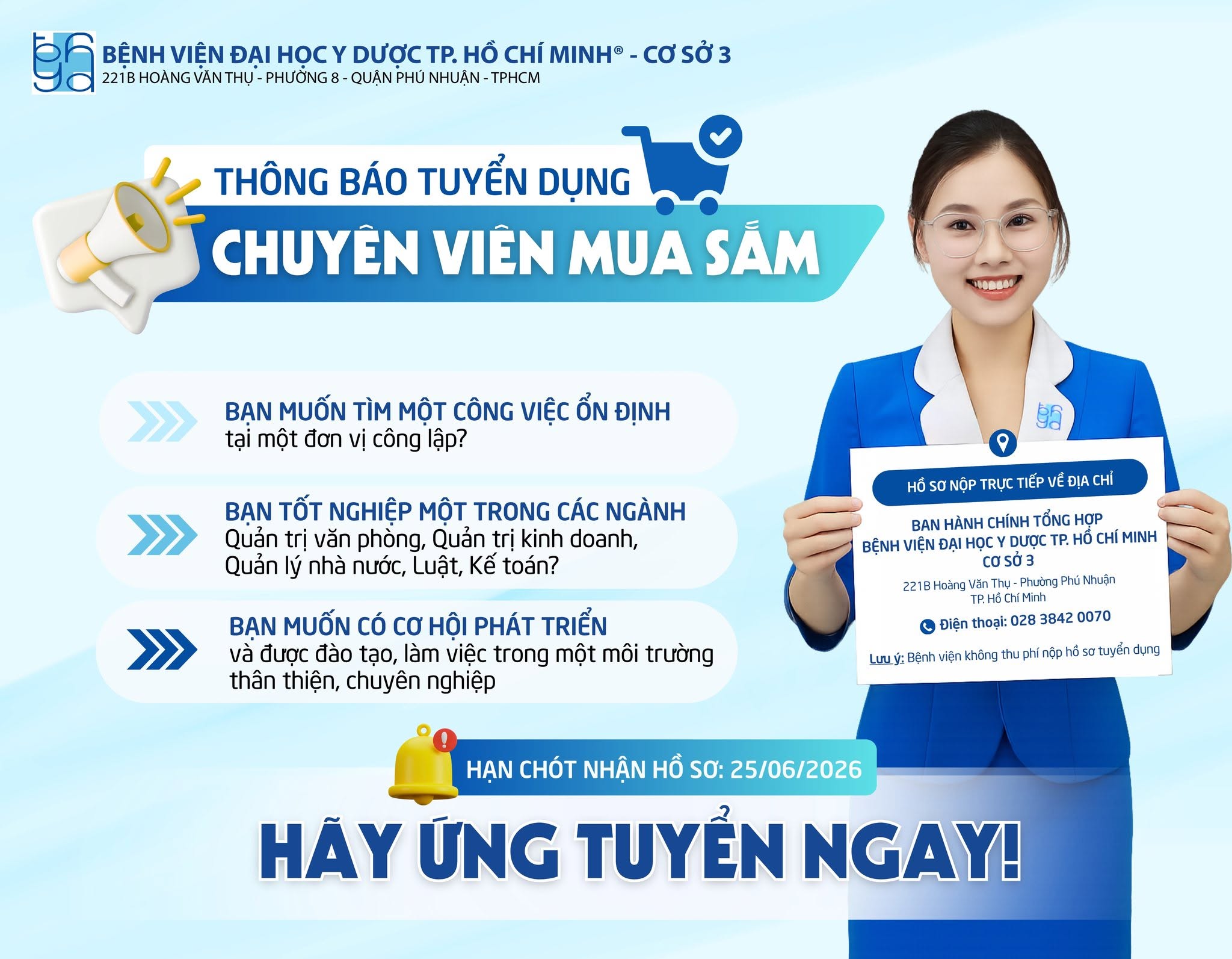 BV Đại học Y Dược TPHCM - Cơ sở 3 tuyển dụng chuyên viên mua sắm